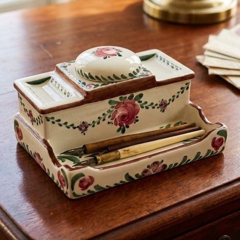 Vintage Ceramic Floral Inkwell Pen Hand Painted Rose Desk Organizer Germany
